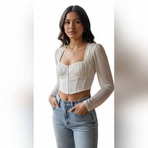 Akira White Ruched Bust Corset Top - Long Sleeve Crop